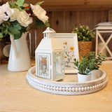 Round Wood Serving Tray with Beaded, 13” Rustic Wooden Decorative Coffee Table Tray for Centerpiece, Ottoman