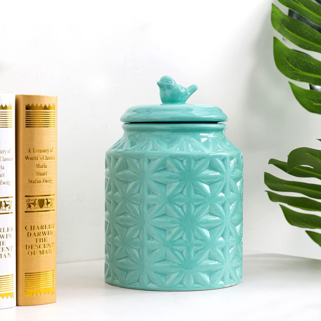 Turquoise Ceramic Cookie Jar with Lid, Embossed Star & Bird Design