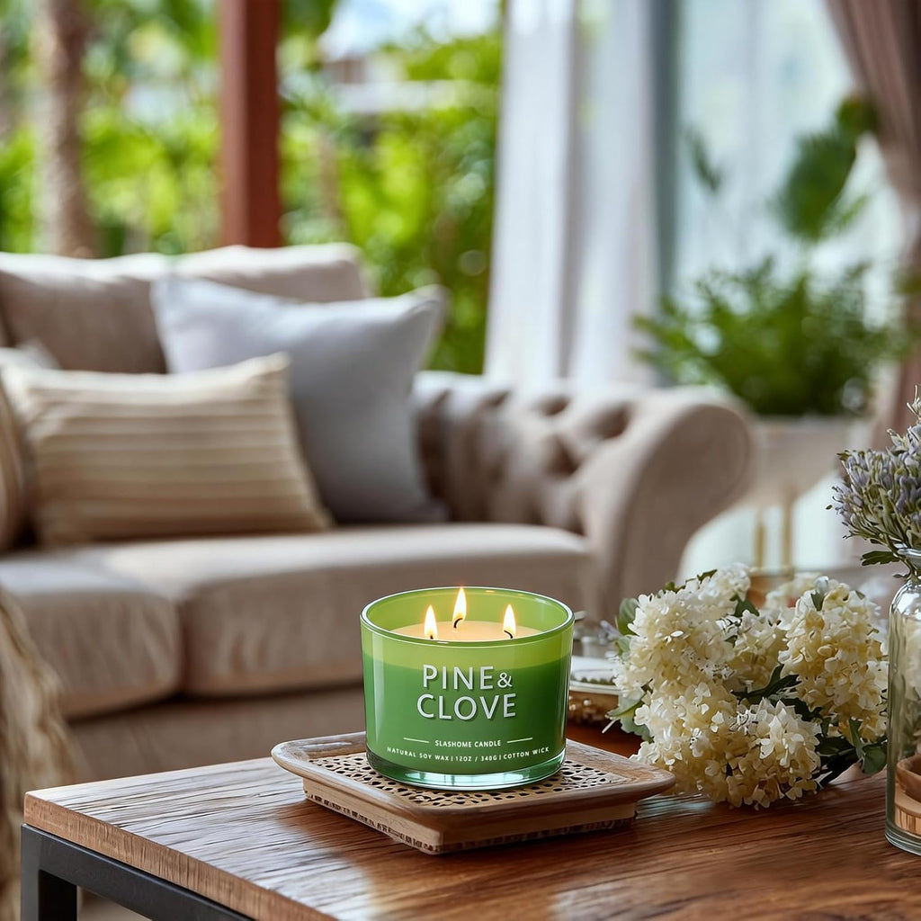 Pine & Clove Scented Candle, Luxury Large 3 Wick Soy Candle 12 Oz, 60+ Hour Long Lasting Clean Burn, Elegant