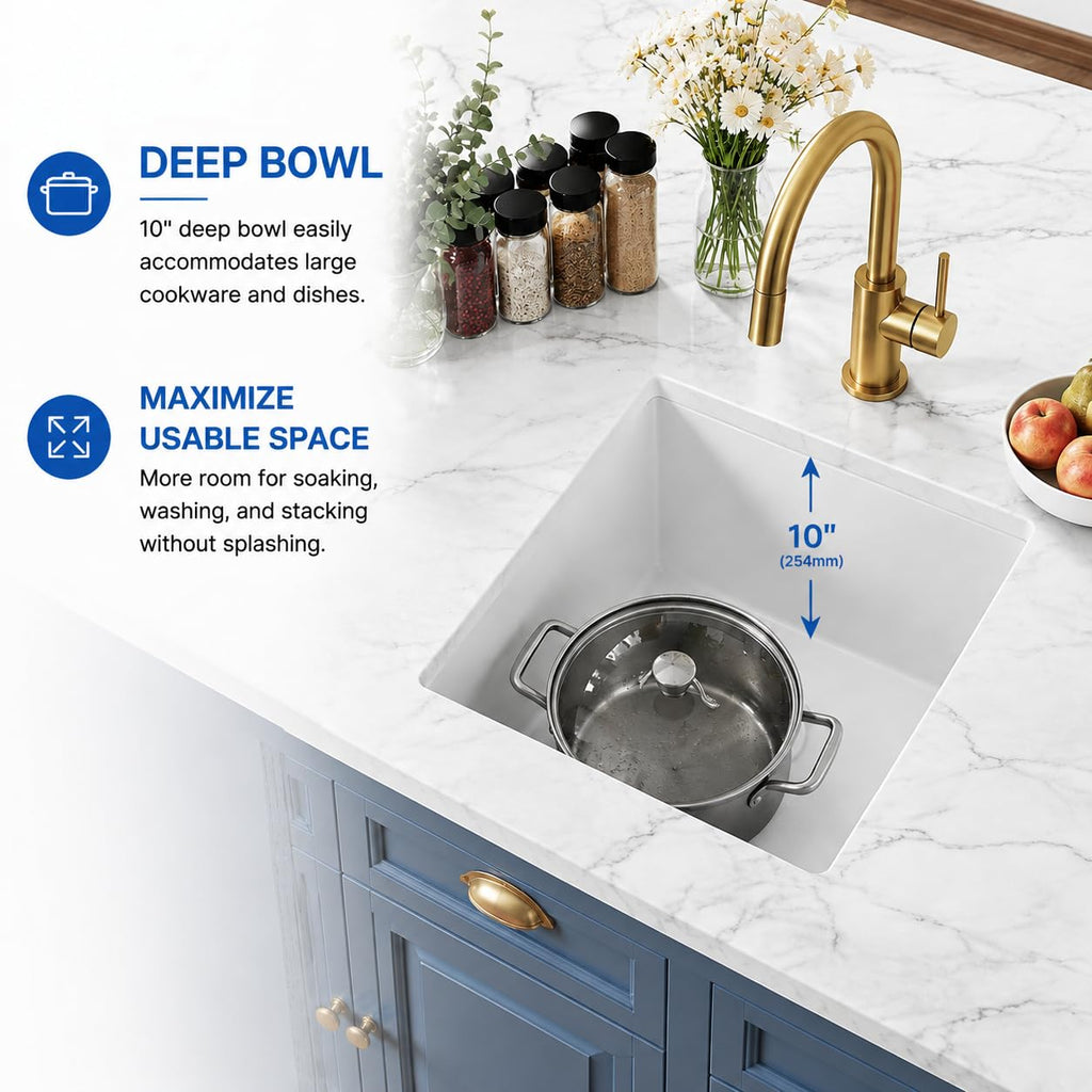 White Bar Sink, 13" x 15" x 10" Undermount Granite Composite Kitchen Sink