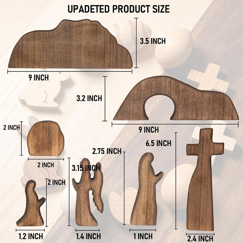Empty Tomb Easter Scene and Cross Decoration, Wooden Jesus Resurrection Nativity Set, Religious Christian Tabletop - Set of 7