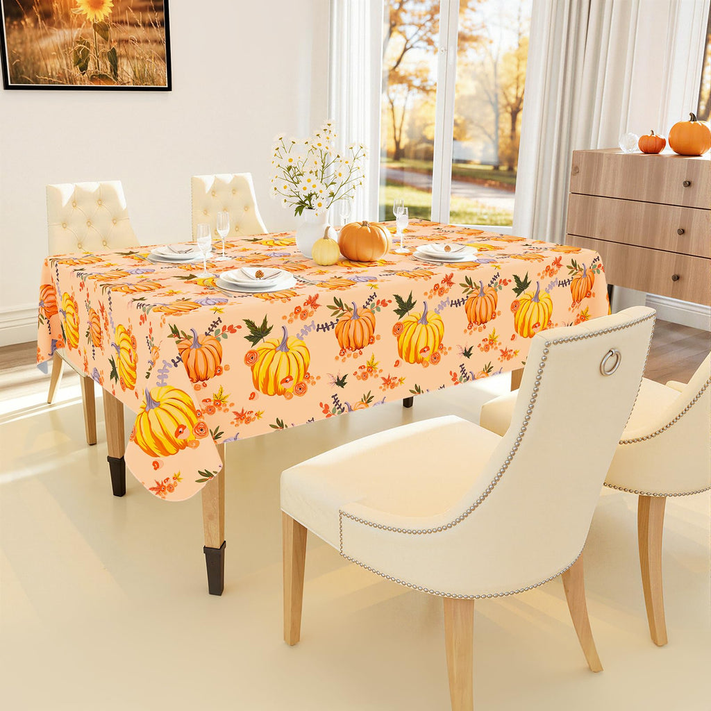 Fall Rectangle Table Cloth, Waterproof Vinyl Tablecloth with Flannel Backing, Wipeable Autumn Pumpkin Plastic Table