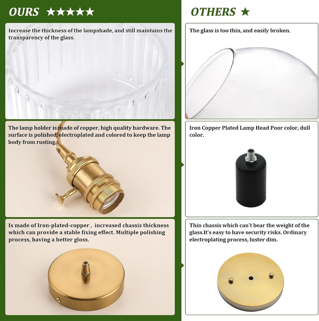 Pendant Light 2 Pack with Clear Striped Glass Lmapshade, Brass Vintage Pendant Light Adjustable Hanging Light for