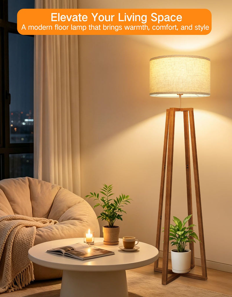 62" Mid Century Modern Vintage Lamps with Remote Control, Dimmable Wood Floor Lamp, 4 Color Temperature, LED Modern