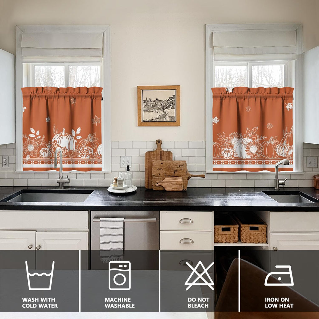 Fall Thanksgiving kitchen Curtains 3 Piece Set, Orange Pumpkin Maple Leaf Sunflower Farmhouse Kitchen