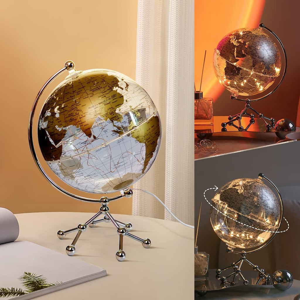 8'' World Globe, Clear Metal Globe with Built-in Gypsophila LED Strip Decor, Office Desktop, Study Education