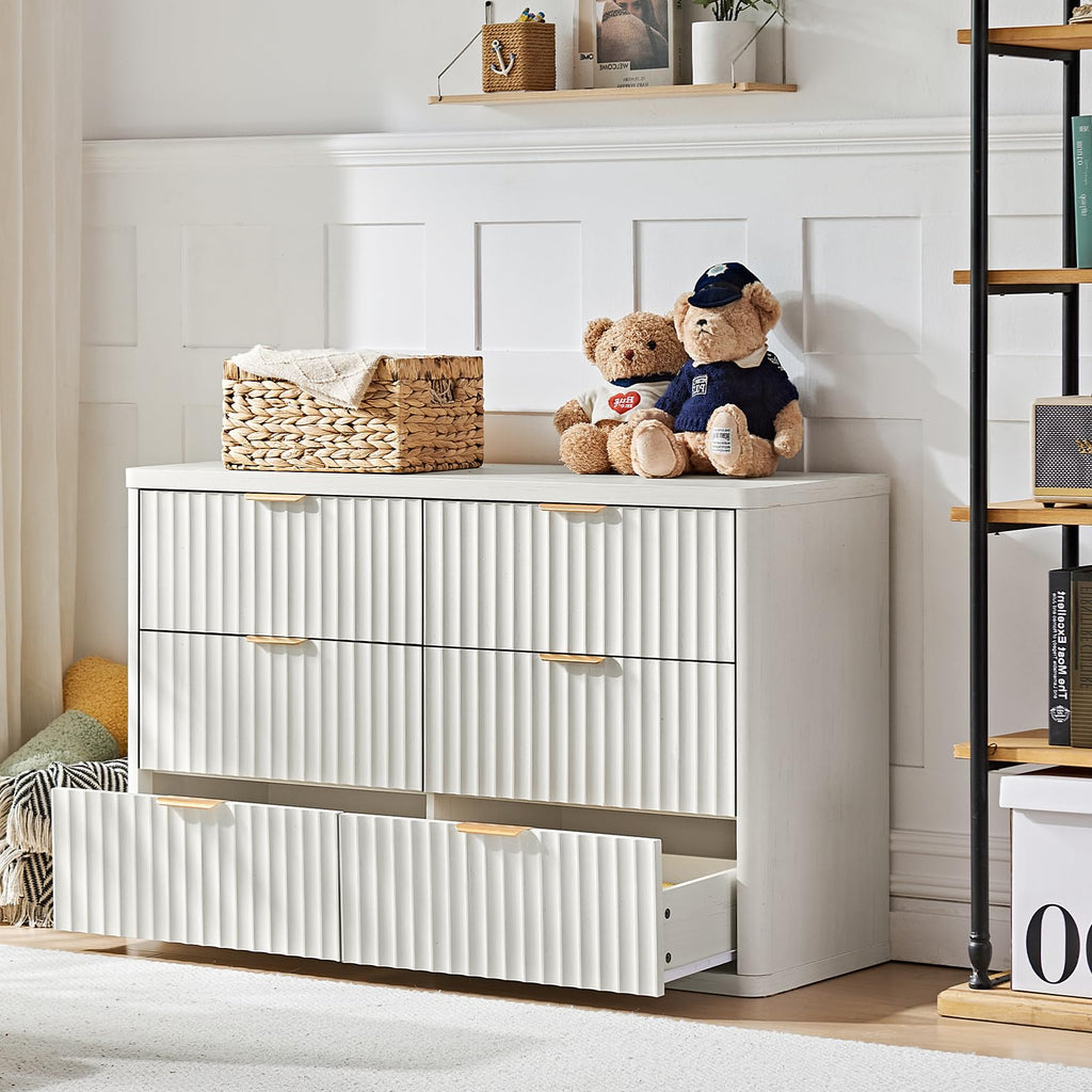 Fluted 6 Drawers Dresser, 48" Wide Modern Chest of Drawers with Wood Grain Top, Curved Profile Design, Dresser TV