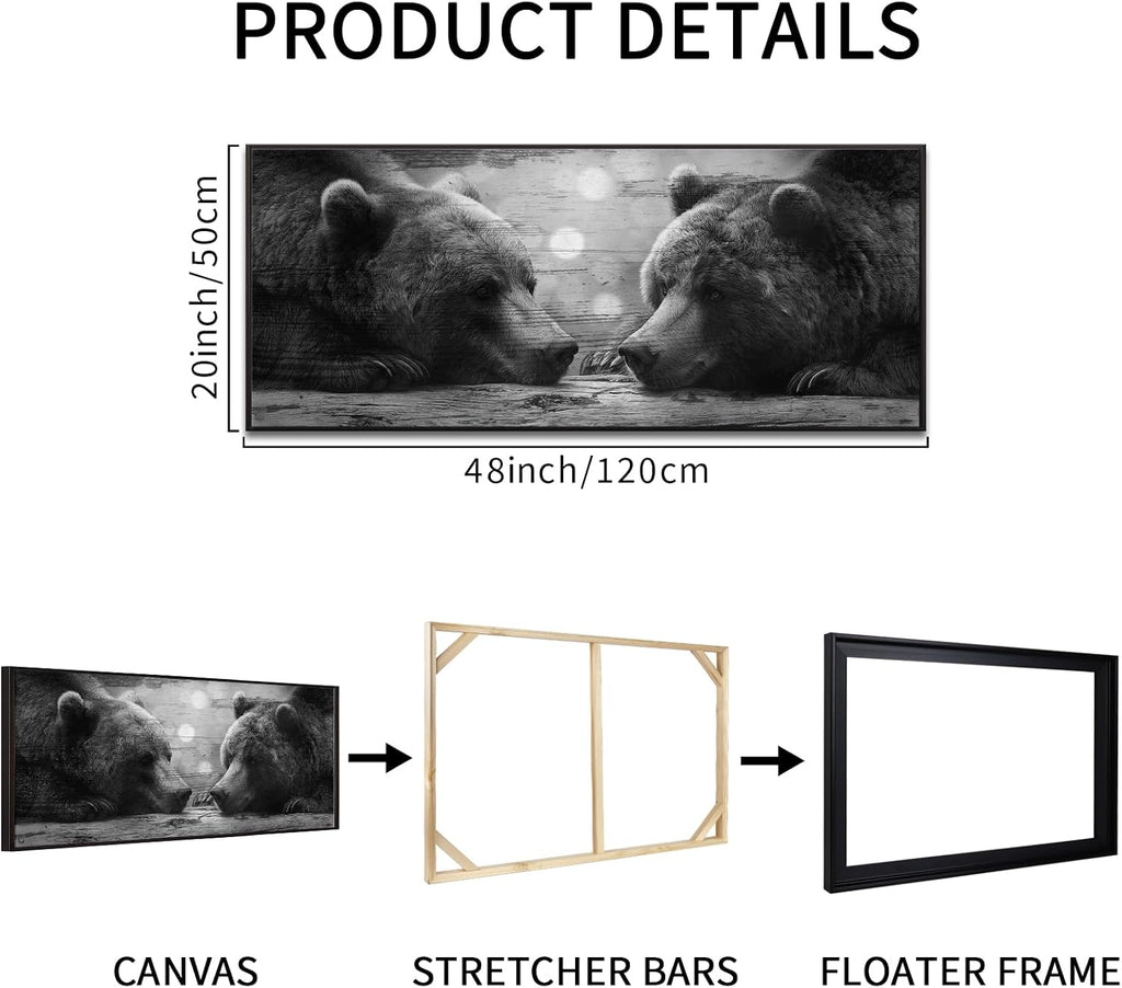 Black and White Grizzly Bears Canvas Wall Art 20x48'' Black Floater Frame Wildlife Prints Stretched Canvas Ready to