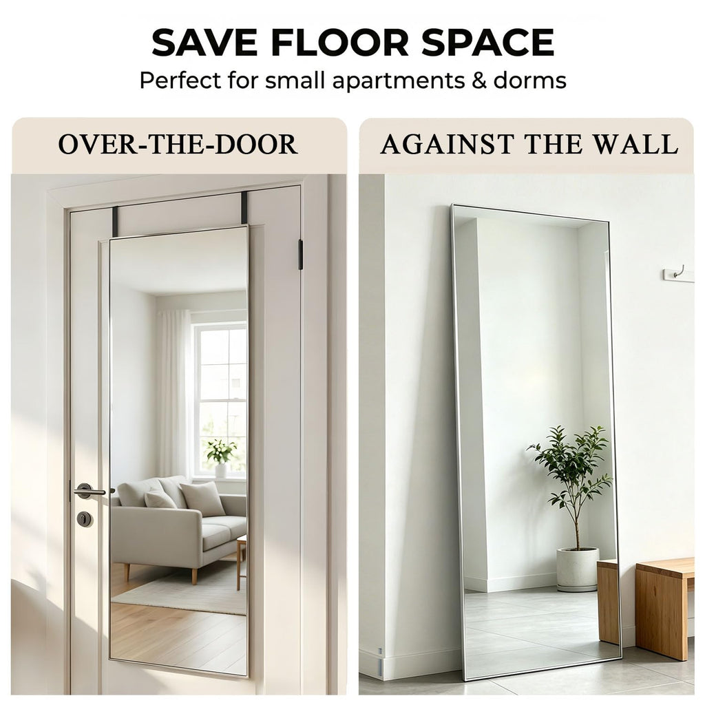 48" x 14" Over The Door Mirror, Silver Full Length Hanging Mirror