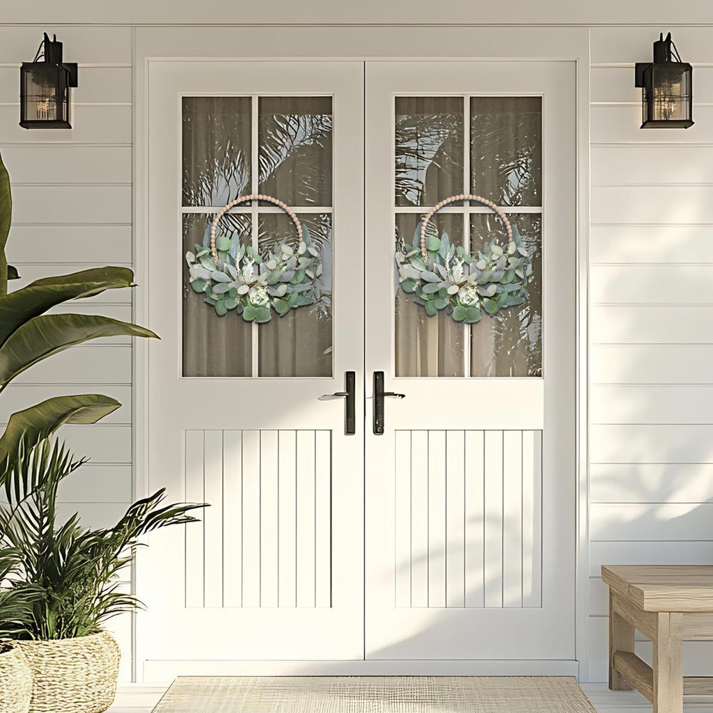 2Pcs 16" Artificial Eucalyptus Wreaths - Handmade Wooden Bead & Lamb's Ear Spring Wreaths for Front Door, Farmhouse