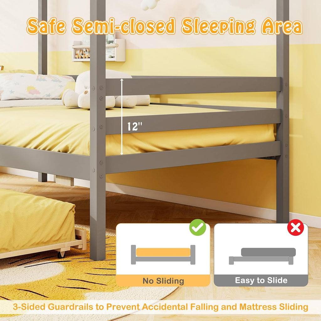 Tw Bed with Trundle Bed, Wooden Twin Bed Frames with Roof, Chimney & Window, Montessori House Bed with Safety