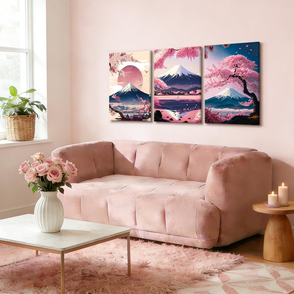 3 Pcs Fuji Mountain Cherry Blossom Canvas Wall Art