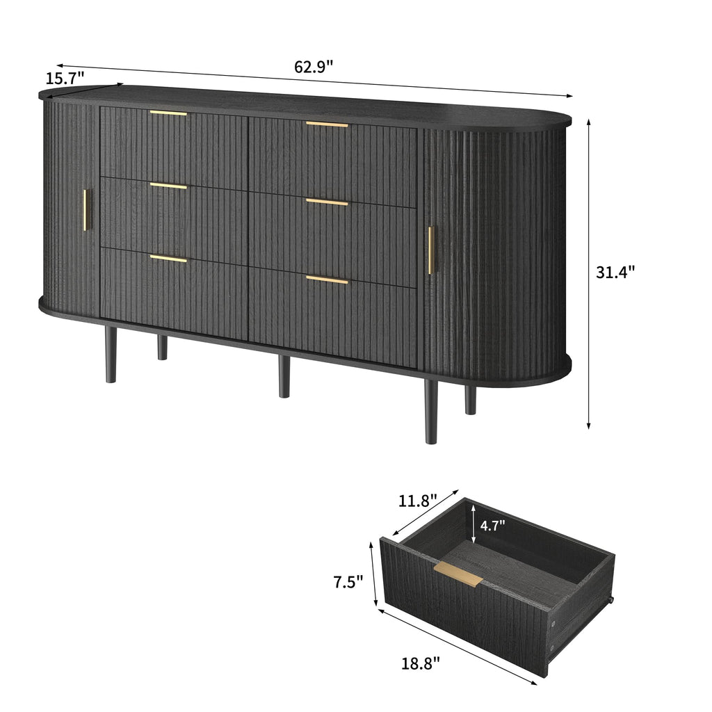 Fluted 6 Drawer Dresser, 63" Wide Modern Chest of Drawers with Gold Metal Handles, Curved Edge Design, Wood Storage