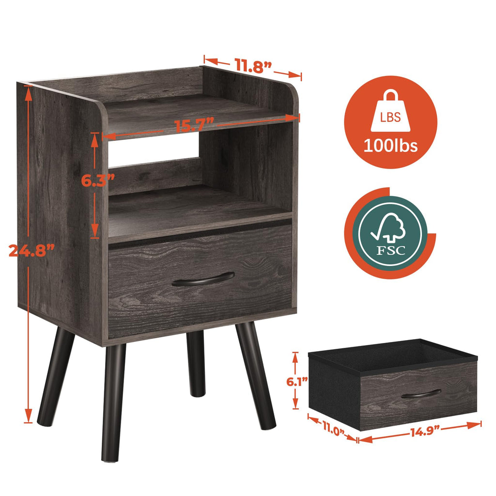 Night Stand with Fabric Drawer, Modern Nightstand, Bedside Tables, Mid Century Nightstands with Open Storage Shelf