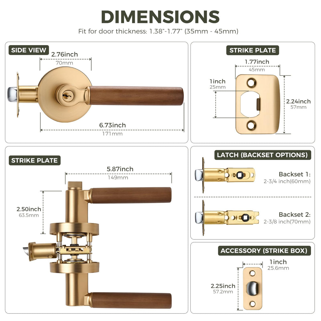 Walnut Wood Privacy Door Lever (1 Pack, Champagne Bronze)
