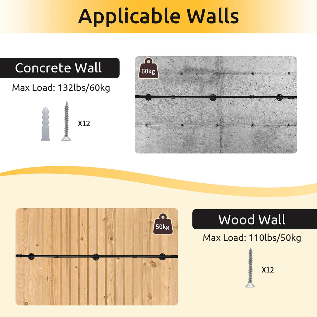 72" Wall Mounted Clothes Rack, Closet Rods for Hanging Clothes