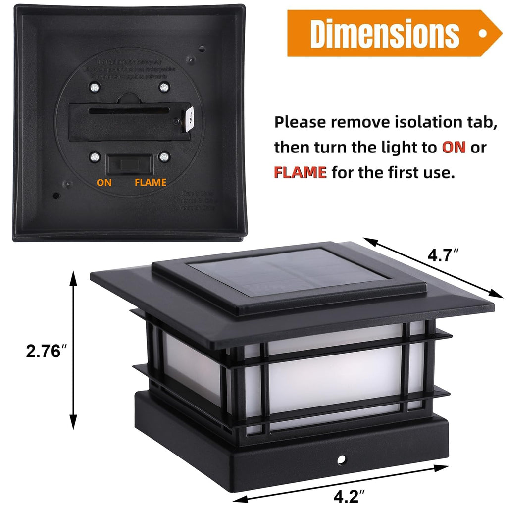 4x4 Solar Post Cap Lights Outdoor with Flickering Flame Light, 12 Pack Black Shell Fence Post Solar Lights Fit