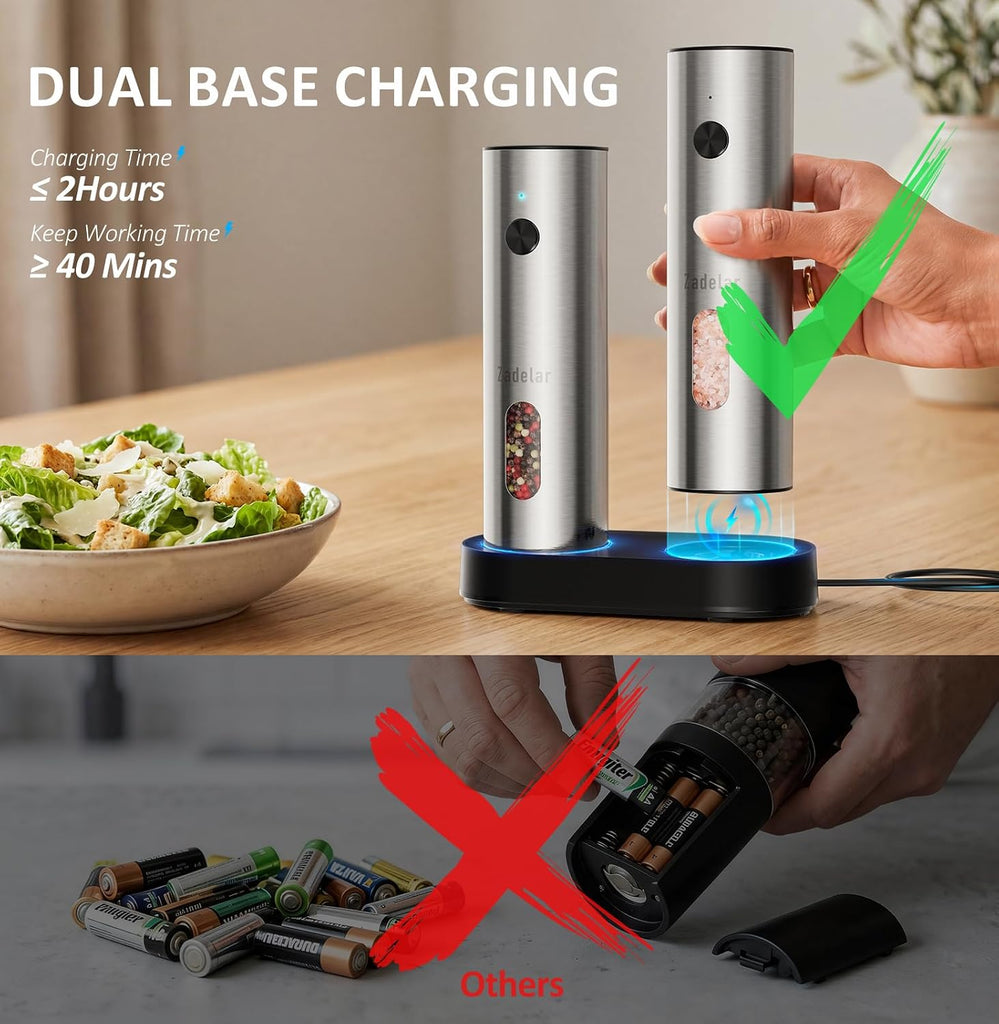 Rechargeable Electric Salt and Pepper Grinder Set with USB-C Charging Base, Stainless Steel Automatic Salt and Pepper - Set of 2