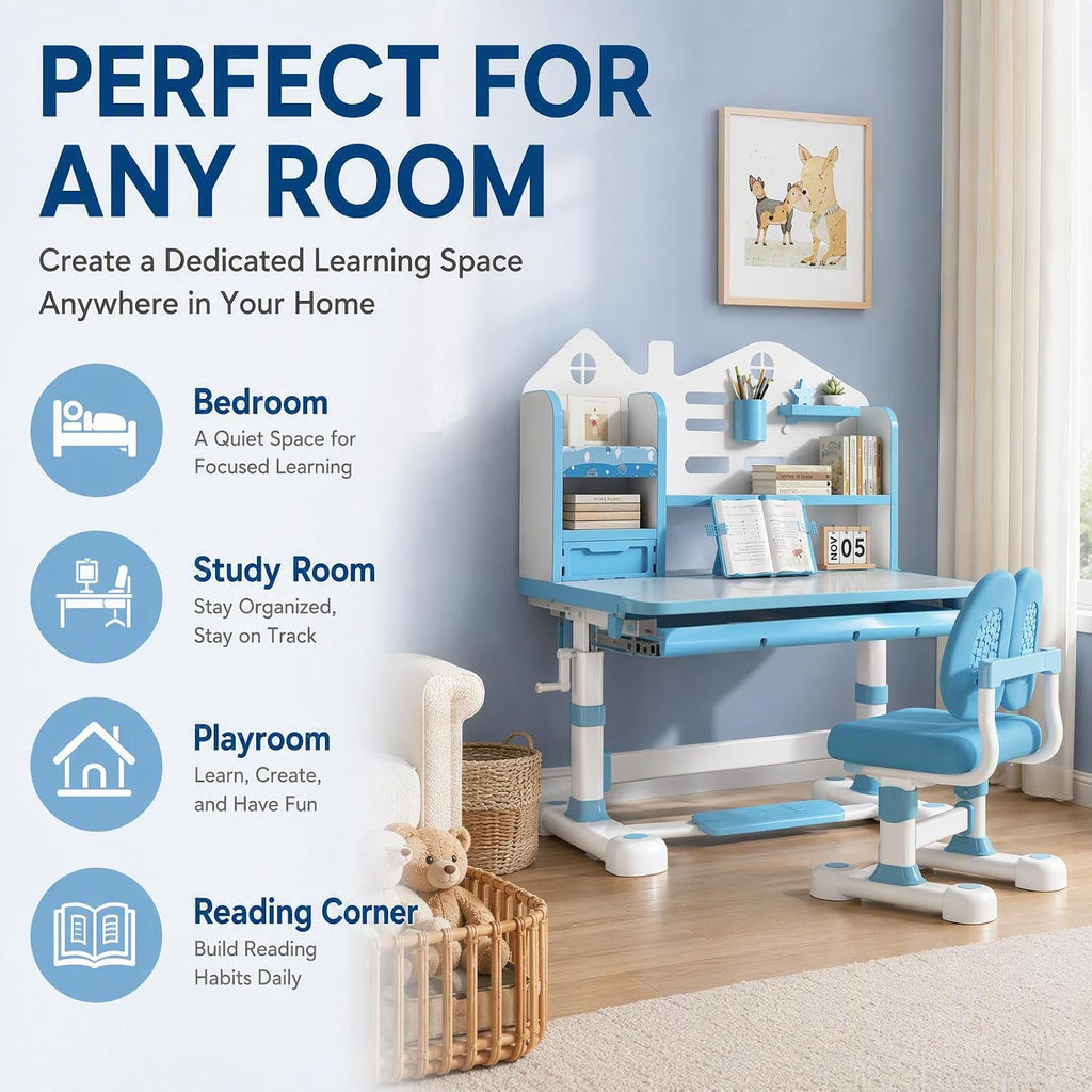 Height Adjustable Teen Study Desk, 31.5" with Chair, 50° Tiltable (Blue)
