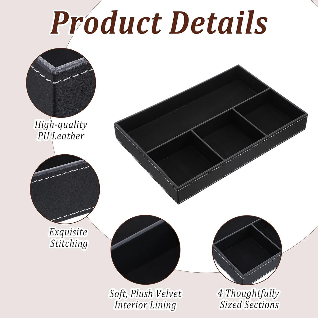 Leather Valet Tray for Men - Premium PU Leather Desk & Nightstand Organizer, Stackable Storage Tray for Keys - Set of 2