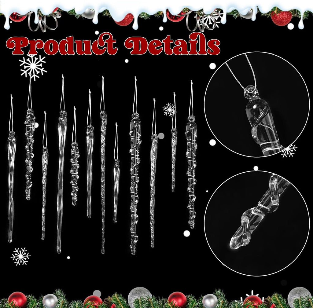 96 Pcs Glass Icicle Ornaments Christmas Winter Decor, Clear