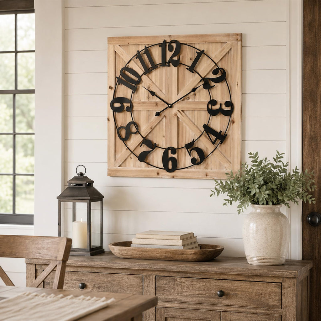 Wooden Farmhouse Wall Clock 30 Inch, Rustic Barn Door Clock
