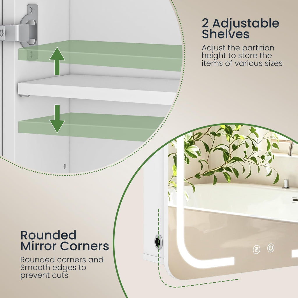 Lighted Medicine Mirror Cabinet with Heated Defog Function, White