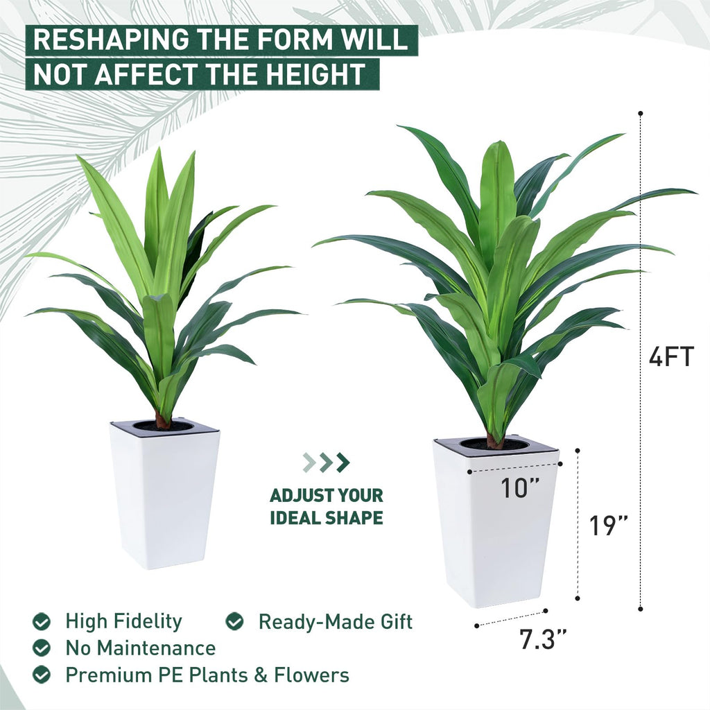 4FT Artificial Dracaena Tree with White Tall Planter-Tall Potted Faux Plants Indoor -Fake Floor Plant Living Room