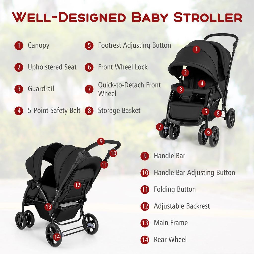Double Stroller, Foldable Lightweight Infant Twin with Tandem Seating, 5-Point Harness, Recline Seat, Storage Basket