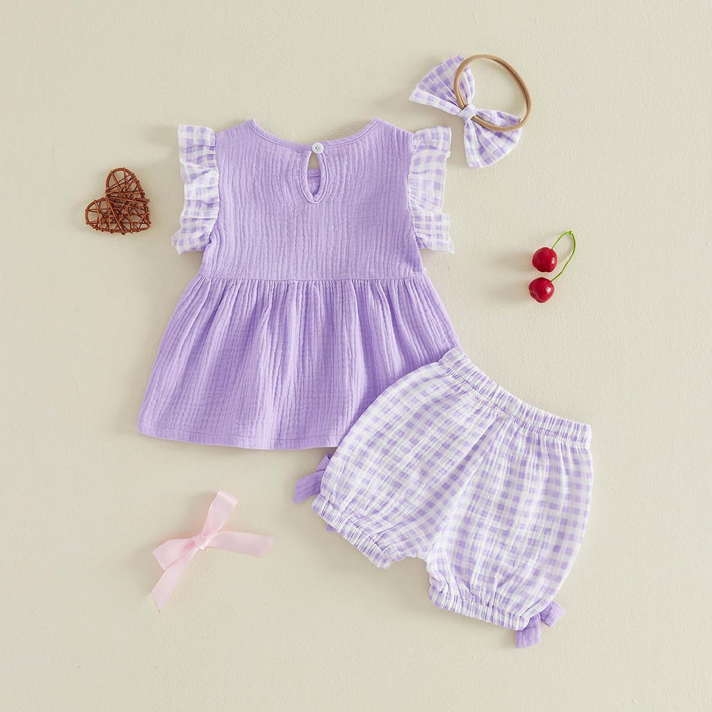 Toddler Baby Girl Outfits Plaid Flying Sleeve Ruffle Tops Shorts Sets and Headband Infant Baby Girl Summer Clothes
