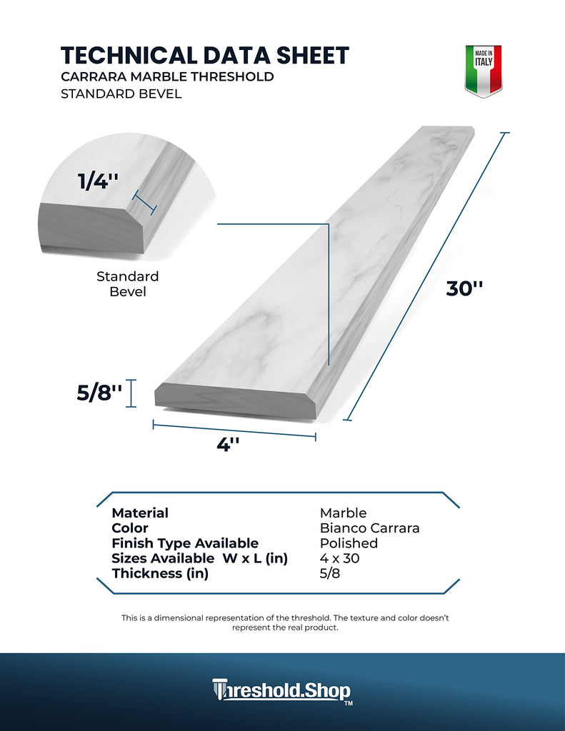 Italian White Carrara Polished Marble Threshold Double Bevel for Floor Transitions (4" x 30")