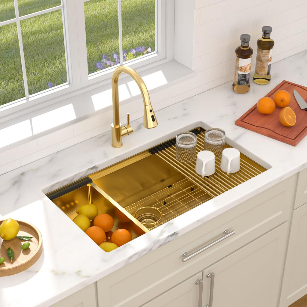 33 In. Gold Undermount Kitchen Sink, Workstation with Valued Accessories, Heavy Duty 16 Gauge 304 Stainless Steel