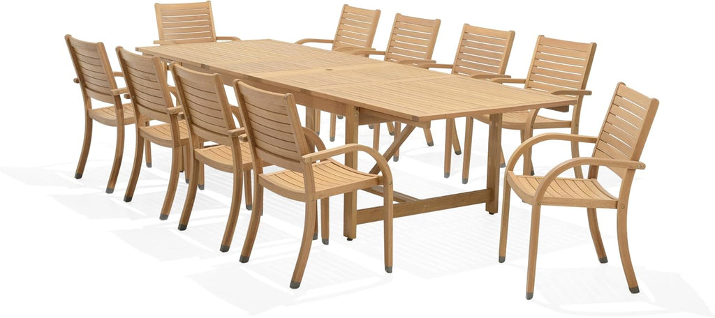 Berlin 11-Piece Teak Finish Rectangular Extendable Patio Dining Set | Stackable Chairs | Ideal for Outdoors and Indoors