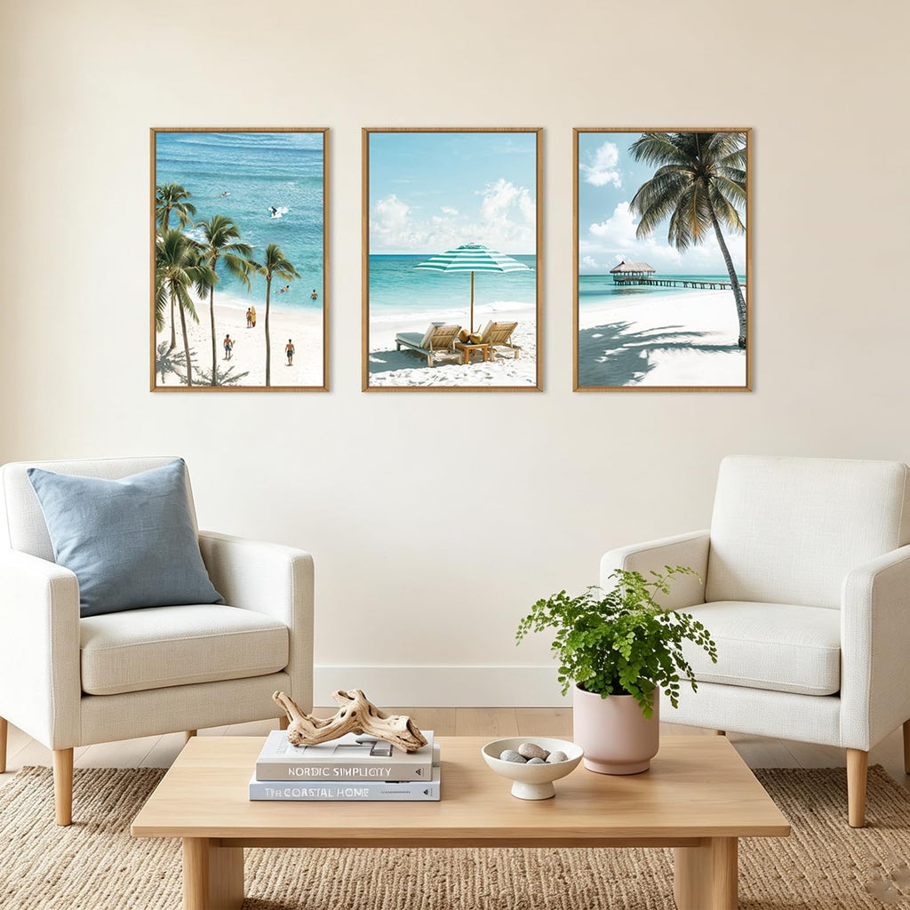 Summer Beach Framed Wall Art, Surfboard Wall Decor Coastal, Palm Tree Artwork, Tropical Wall Art Surfboard