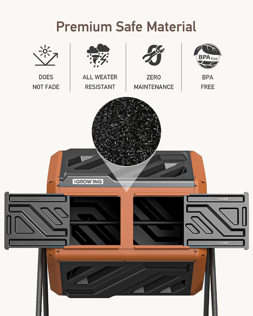 THE Growing 43 Gal Outdoor Compost Bin Tumbler for Backyard Yard, Orange | Twin 21.5gal chambers hold recycling.