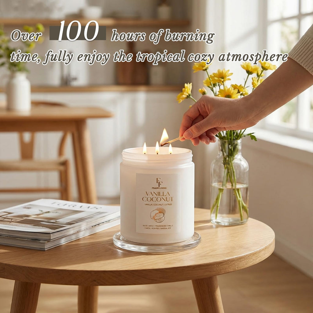 Vanilla Coconut Large Scented Candle, 3-Wick 22oz Long Lasting Scented Candle, Natural Soy Wax Aromatherapy Candle