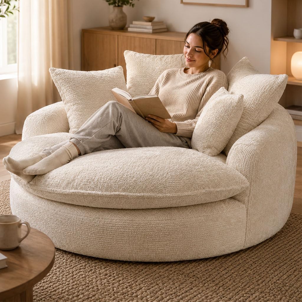 Oversized Round Lounge Chair Indoor, 56" Deep Seat Circle Sofa with Double Armrests & Pillows, Fluffy Cloud Chenille