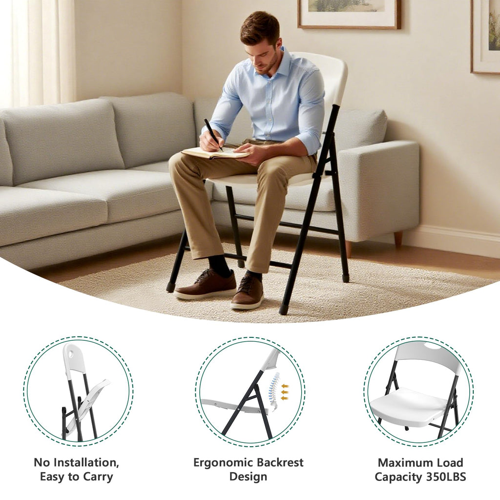 2 Pack White Folding Chair, Plastic Portable Stackable Commercial Seats with Steel Frame 350lb, Heavy Duty Foldable