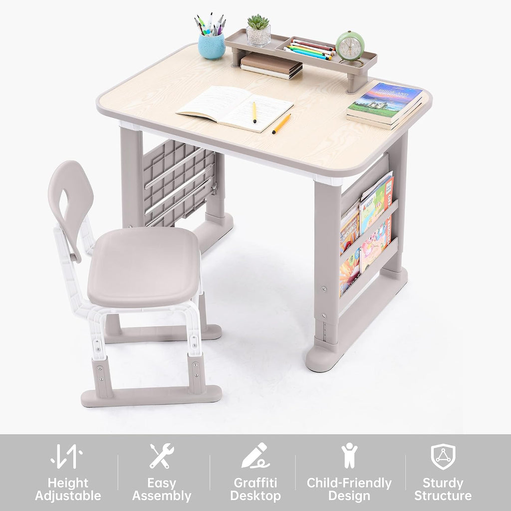 Kids Desk and Chair Set, Height Adjustable Childrens Study Desk, Graffiti Table for 3-12 Years, Kids Art Table