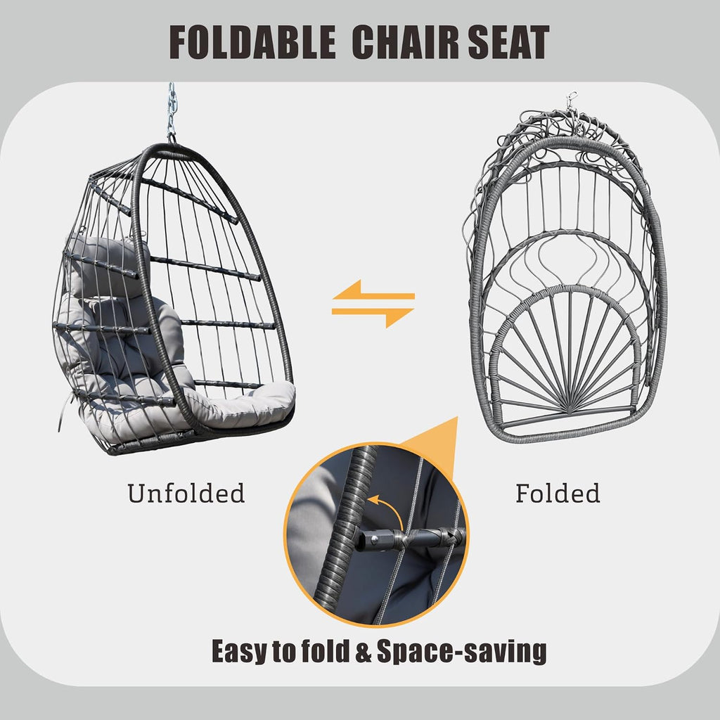 Egg Swing Chair with Stand, Outdoor Hanging Egg Chair with Cushion /Porch/Balcony/Indoor (Light Gray)