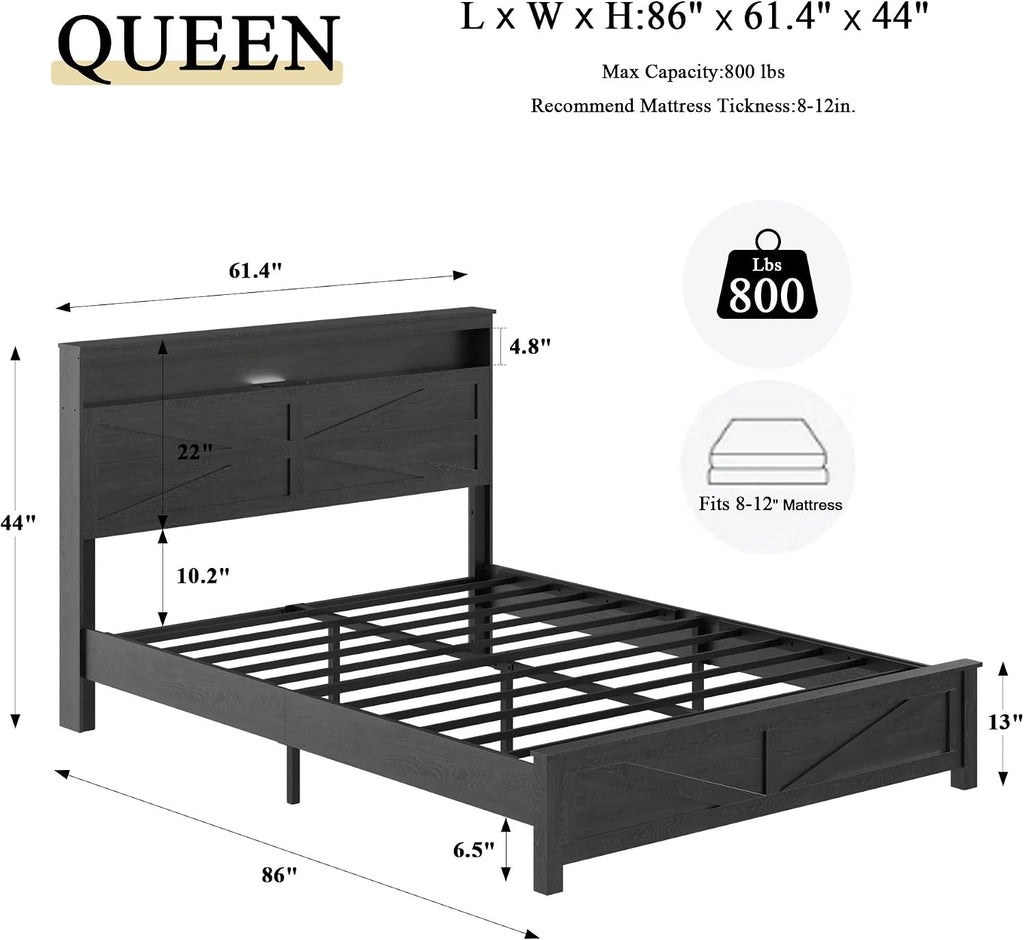 Farmhouse Wooden Bed Frame Queen with Storage Headboard, Boho Platform Bedframe with LED Lights and Charging Station