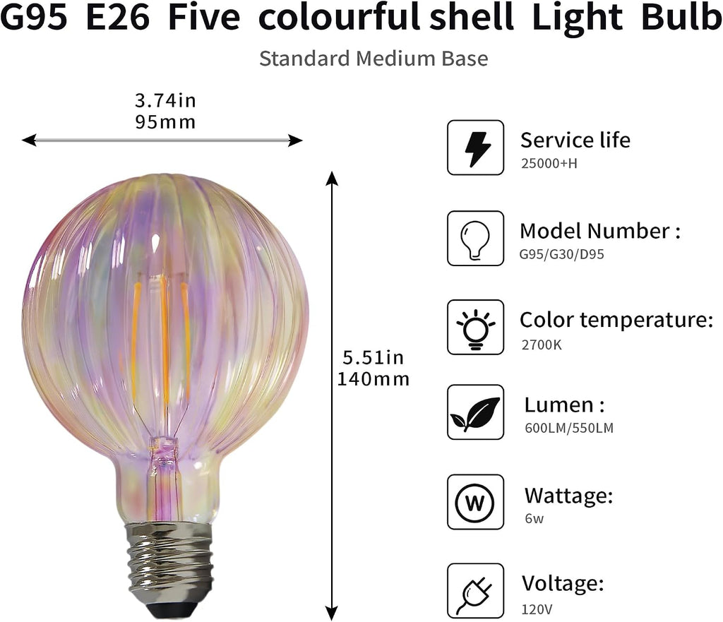 Vintage LED Edison Bulb G30 G95 6W Equivalent 60watt, 2Pack Dimmable CRI 90+ LED Filament Light Colorful Shell