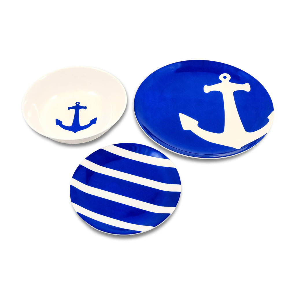 12 Piece Melamine Dishware Set - Features Blue and White Nautical Design - Includes 4 Bowls, 4 Salad Plates, & $