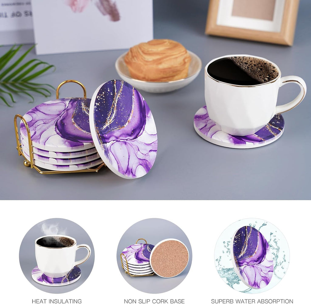 Purple Agate Coasters for drinks with Gold Holder,Absorbent Marble Coasters Set with Cork Base for Tabletop - Set of 7