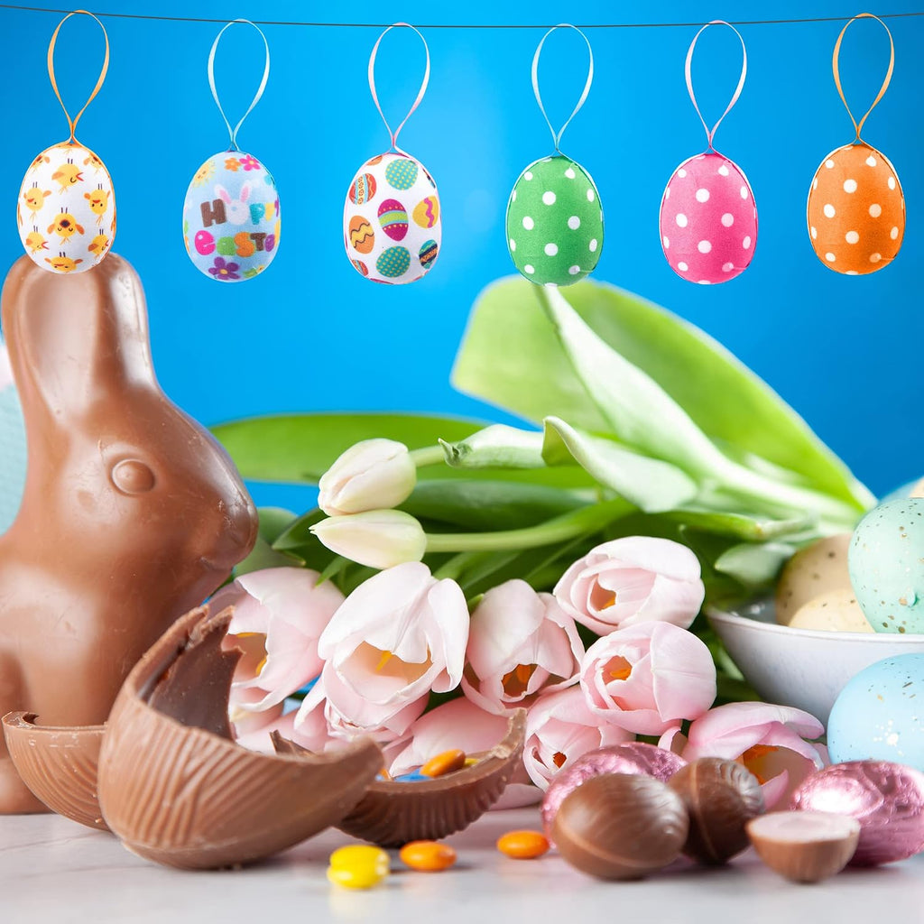 Fabric Wrapped Easter Eggs with Dots, Easter Egg Hanging Ornaments - Set of 30