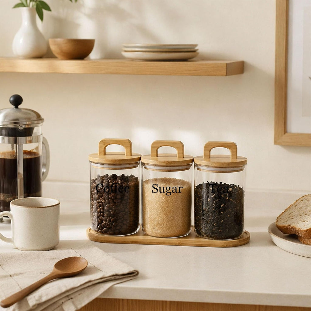 Glass Coffee Sugar Tea Canister Set with Airtight Wood Lids and Tray, 3 Pack Clear Food Storage Jars, 34 oz / 1000 ml - Set of 3