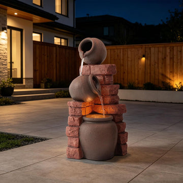 25.9" H Outdoor Water Fountain with LED Lights, Freestanding Water Feature | 3-Tier Resin Cascading Waterfall
