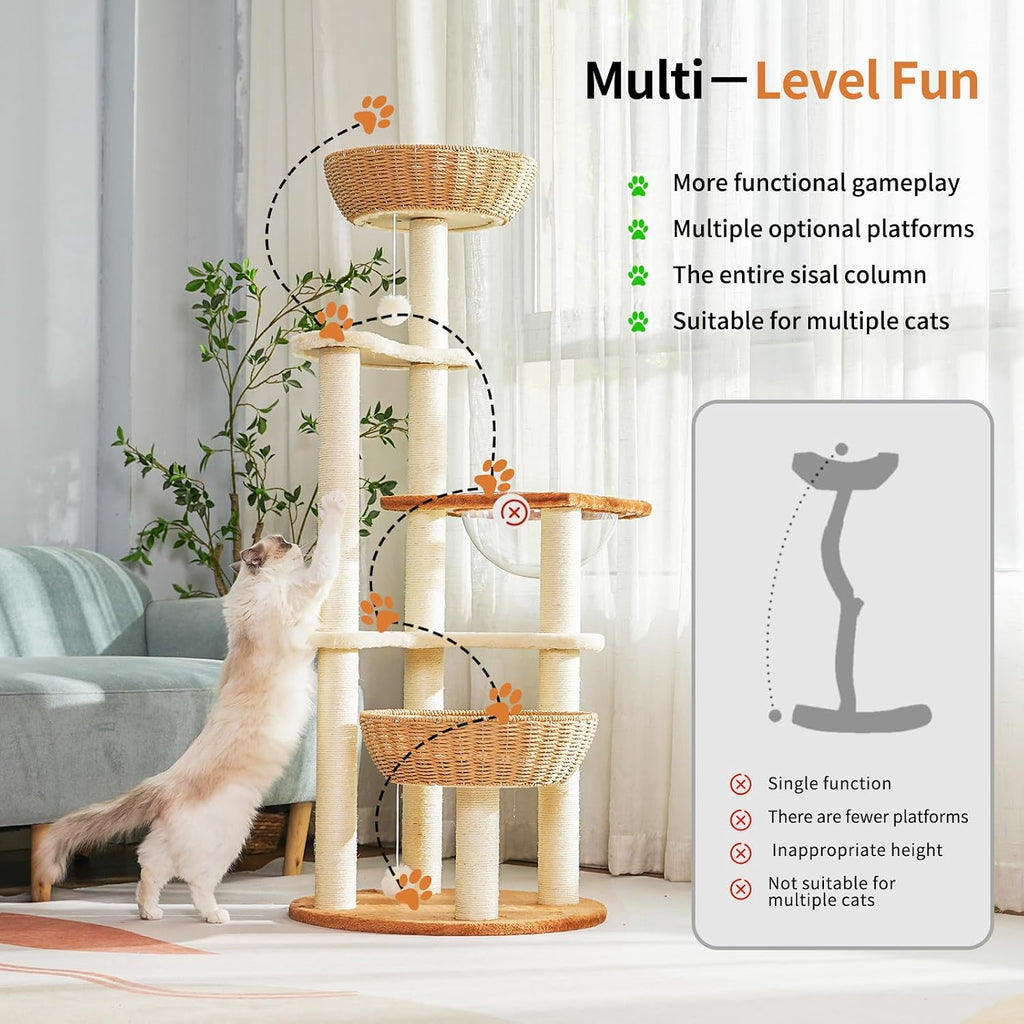 55.5-Inch Modern Cat Tree for Large Cats with Woven Basket Beds
