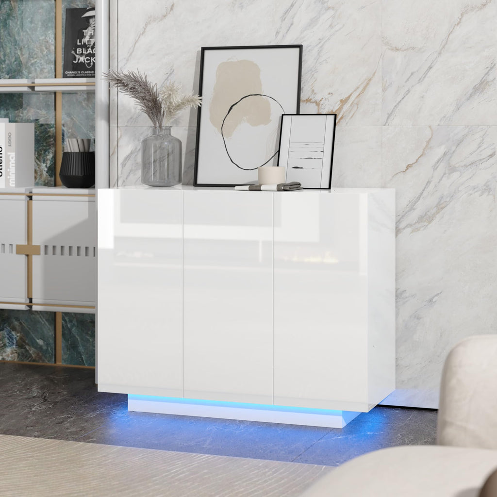 Modern 39.4" High Gloss Buffet Cabinet with LED Lights, White