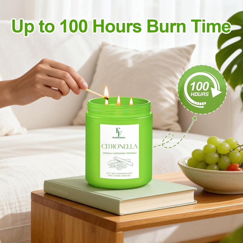 Citronella Large Scented Candle Outdoor Indoor, 3-Wick 22oz Long Lasting Scented Candle, Natural Soy Wax Aromatherapy - Set of 22